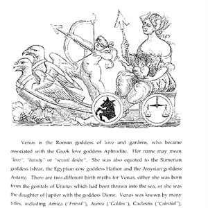 May include: An illustration titled "The Venusian Goddess" depicts a classical scene with figures, including a woman in a chariot, an archer, and eagles. The image is in black and white, with text describing Venus.