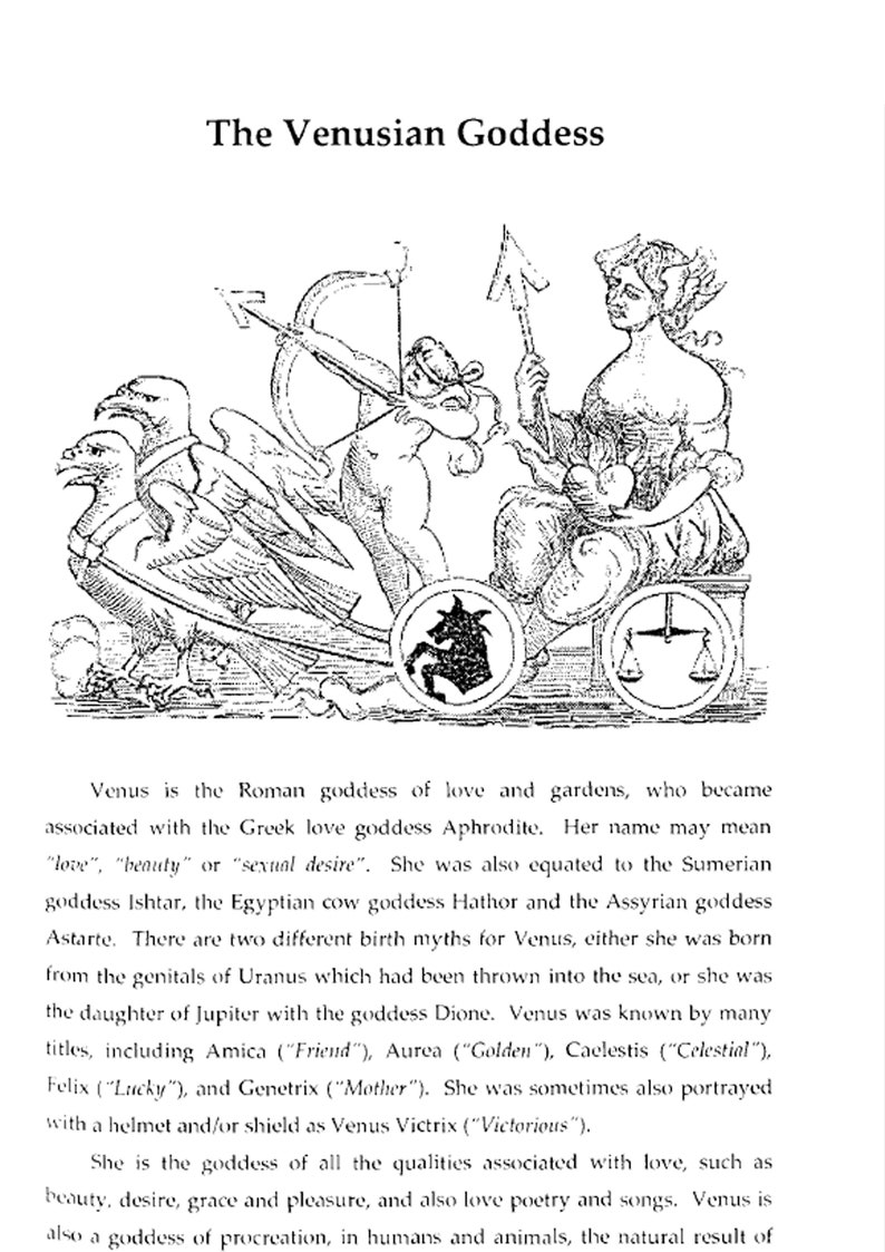 May include: An illustration titled "The Venusian Goddess" depicts a classical scene with figures, including a woman in a chariot, an archer, and eagles. The image is in black and white, with text describing Venus.