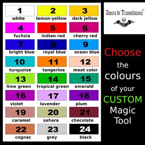May include: A colour chart with 24 different colours, numbered 1 through 24. The colours include white, lemon-yellow, dark yellow, fuchsia, Indian red, cherry red, bright blue, royal blue, ocean blue, turquoise, tangerine, meat colour, lime green, tropical green, emerald, violet, lavender, plum, caramel, sahara, chocolate, cognac, grey, and black. The chart is titled "Choose the colours of your CUSTOM Magic Tool".