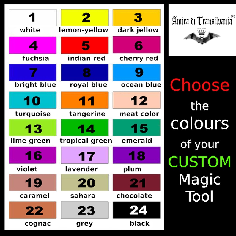 May include: A colour chart with 24 different colours, numbered 1 through 24. The colours include white, lemon-yellow, dark yellow, fuchsia, Indian red, cherry red, bright blue, royal blue, ocean blue, turquoise, tangerine, meat colour, lime green, tropical green, emerald, violet, lavender, plum, caramel, sahara, chocolate, cognac, grey, and black. The chart is titled "Choose the colours of your CUSTOM Magic Tool".