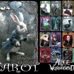 Tarot d'Alice au pays des merveilles, lapin blanc et chat du Cheshire, reine de coeur et reine blanche, loir dodo du chapelier fou