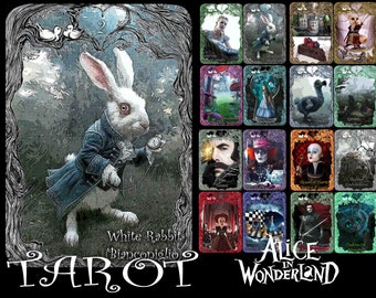 Alice in the Wonderland Tarot, White Rabbit with Cheshire Cat, Queen of Hearts and White Queen, Mad Hatter Dodo Dormouse