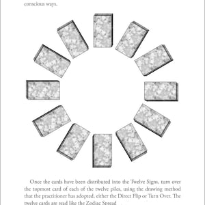 May include: An illustration of a tarot card spread with twelve cards arranged in a circle. The cards have a textured, gray surface. The text "HOLISTIC TAROT" is at the top, with descriptive text below.