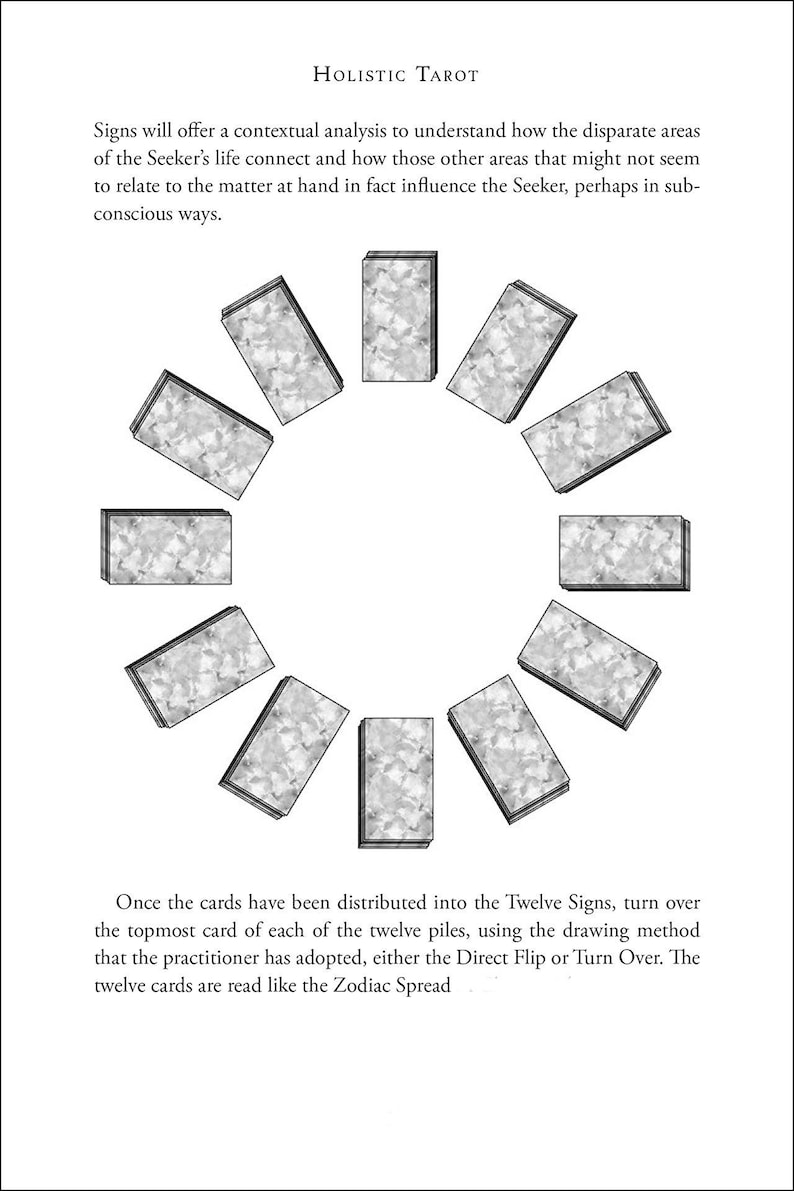 May include: An illustration of a tarot card spread with twelve cards arranged in a circle. The cards have a textured, gray surface. The text "HOLISTIC TAROT" is at the top, with descriptive text below.