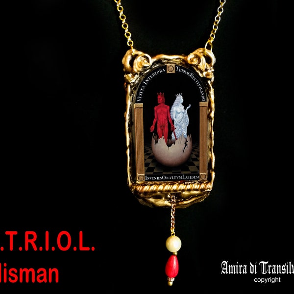 Ange et démon, symbole alchimique de la femme et de l'homme, talisman magique en vitriol, pendentif amulette d'alchimiste, oeuf cosmique primordial