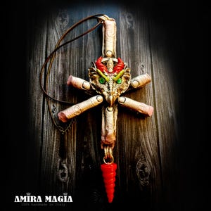 Satanic Necklace, Dragon Eye Five Fingers Antichrist Inverted Cross, Baphomet Upside Down Cross,  Sigil of Lucifer Satan