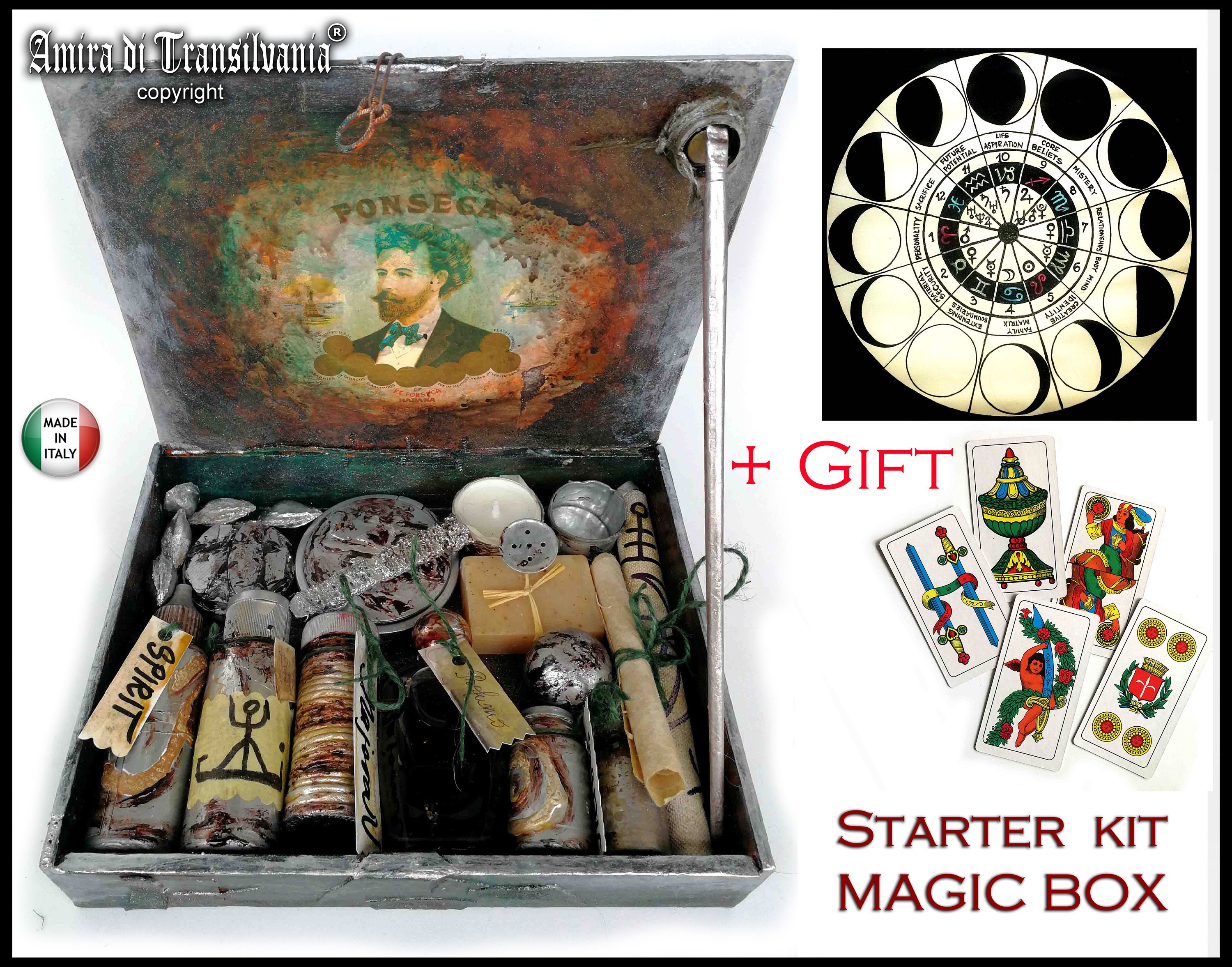 Starter kit strega wicca per altare pagano pentacolo, paiolo magico e  teschio portacandela, colori personalizzabili -  Italia