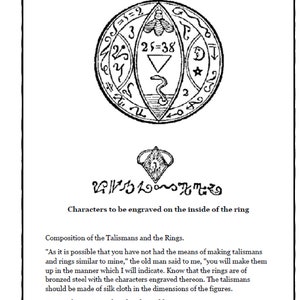 Op de afbeelding: Een pagina uit een boek met een zwart-wit illustratie van een cirkelvormig ontwerp met symbolen en tekst. De tekst geeft instructies voor het maken van talismannen en ringen.