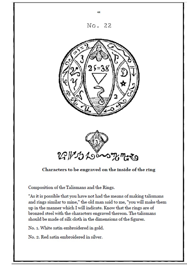 Op de afbeelding: Een pagina uit een boek met een zwart-wit illustratie van een cirkelvormig ontwerp met symbolen en tekst. De tekst geeft instructies voor het maken van talismannen en ringen.