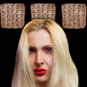 May include: A woman with long blonde hair and red lipstick looks directly at the camera. Three stone tablets with the Latin palindrome "SATOR AREPO TENET OPERA ROTAS" are above her head.