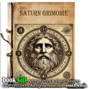May include: A vintage-style book cover with a hand-drawn illustration of a bearded man's face surrounded by astrological symbols. The title "Saturn Grimoire" is printed in brown lettering on a parchment-like background.