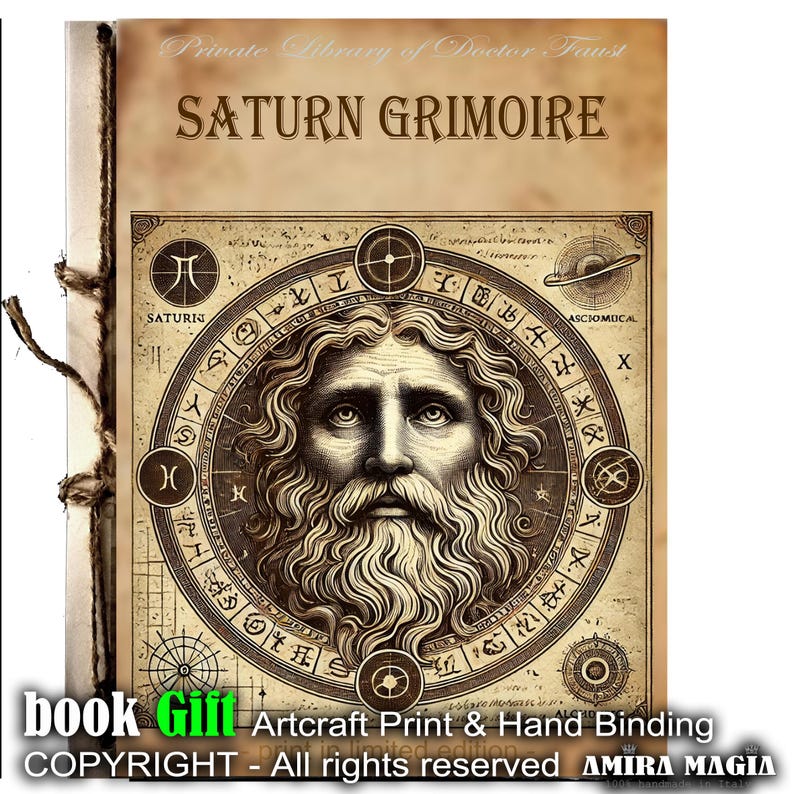 May include: A vintage-style book cover with a hand-drawn illustration of a bearded man's face surrounded by astrological symbols. The title "Saturn Grimoire" is printed in brown lettering on a parchment-like background.