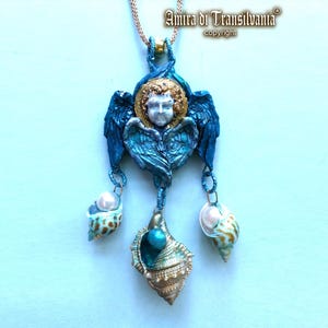Guardian Angel, Cherubim Protection Pendant Winged, Jewelry Magic Talisman Archangel Charm, Cherub Amulet Statue Shell