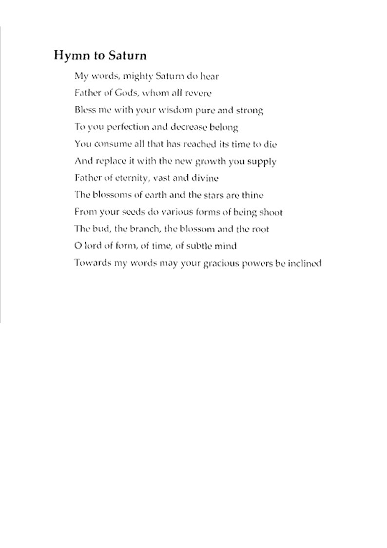 May include: A printed page featuring the poem "Hymn to Saturn." The title is at the top, followed by the poem's verses in a serif font. The text is black on a white background.