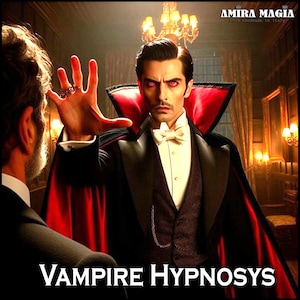 May include: A man dressed as a vampire with a red cape and a white bow tie, with red eyes, is hypnotizing another man. The image has the text "Vampire Hypnosys" at the bottom.