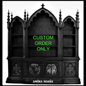 Apothecary Cabinet, Goth Assemblage Antique Gothic Furniture Custom Order, Witchcraft Altar Magic Wooden Library Shelves