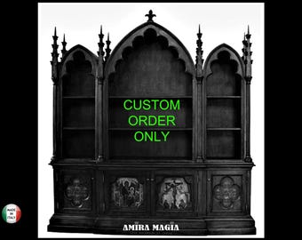 Gabinete de boticario, muebles góticos antiguos, pedido personalizado, estanterías de biblioteca de madera para brujería y magia.