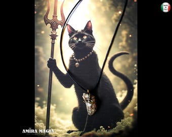 Witch Familiar, Black Cat Ancient Spirit Companion, Uncut Gemstone Pendant Witchcraft, Magical Powers Raw Stone Amulet