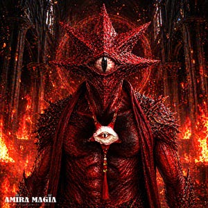Puede incluir: Ilustración digital de una figura demoníaca roja con un tocado en forma de estrella y un solo ojo. La figura lleva un collar con un colgante de ojo. El fondo presenta llamas y elementos arquitectónicos. El texto "AMIRA MAGIA" es visible.