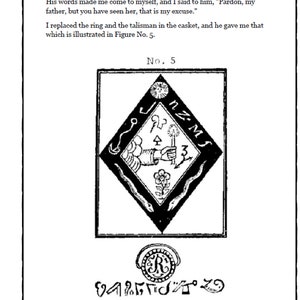 Op de afbeelding: Zwart-wit illustratie uit een boek, met een ruitvormig embleem met symbolen en tekst. De tekst luidt "No. 5" en "Deze tekens moeten aan de binnenkant van de ring worden gegraveerd."