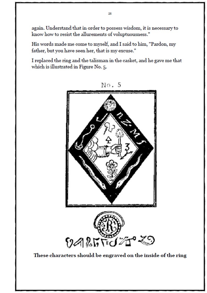 Op de afbeelding: Zwart-wit illustratie uit een boek, met een ruitvormig embleem met symbolen en tekst. De tekst luidt "No. 5" en "Deze tekens moeten aan de binnenkant van de ring worden gegraveerd."
