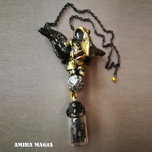 Crow Skull, Viking Talisman Black Raven, Moon Necklace Bib Jewelry, Gothic Goth Jewel, Witch Familiar Amulet Urn Pendant