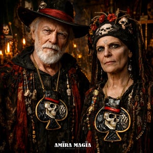 Puede incluir: Retrato de dos personas vestidas con atuendos góticos elaborados. Ambos llevan collares con un diseño de calavera sobre una pica. El hombre lleva un sombrero negro con una banda roja. La mujer tiene una diadema de calavera. El texto "AMIRA MAGIA" es visible.