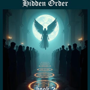 Pu&ograve; includere: Copertina del libro "The Secrets of a Hidden Order" di AMIRA. L'immagine presenta una figura silhouette con grandi ali di fronte a una luna piena, con una folla di persone in abiti scuri. Il titolo e l'autore del libro sono in alto, con "book 2" e "Discordamelior" in basso.