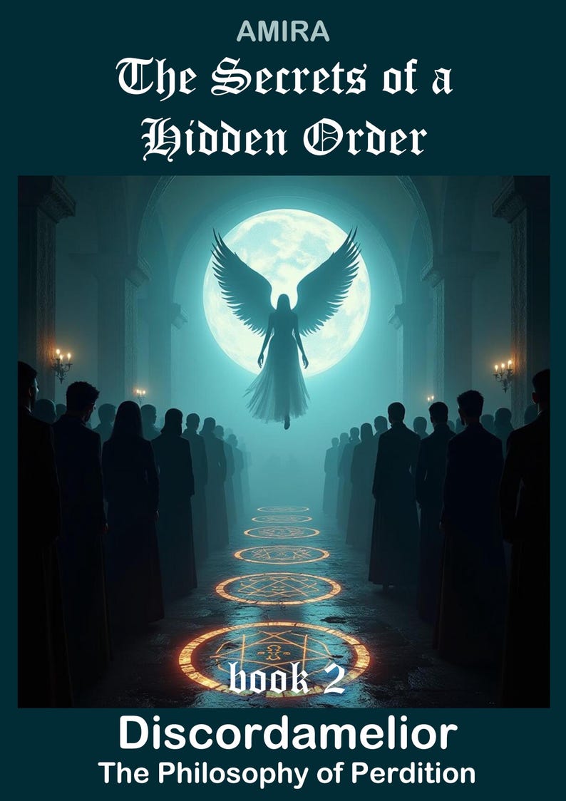 Pu&ograve; includere: Copertina del libro "The Secrets of a Hidden Order" di AMIRA. L'immagine presenta una figura silhouette con grandi ali di fronte a una luna piena, con una folla di persone in abiti scuri. Il titolo e l'autore del libro sono in alto, con "book 2" e "Discordamelior" in basso.