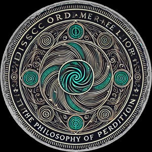 Pu&ograve; includere: Design circolare con motivi intricati e testo. L'elemento centrale presenta un design a spirale turchese, circondato da cerchi concentrici e accenti turchesi. L'anello esterno contiene il testo "DISSC ORDAME R-AEE LIOR" e "THE PHILOSOPHY OF PERDITION".