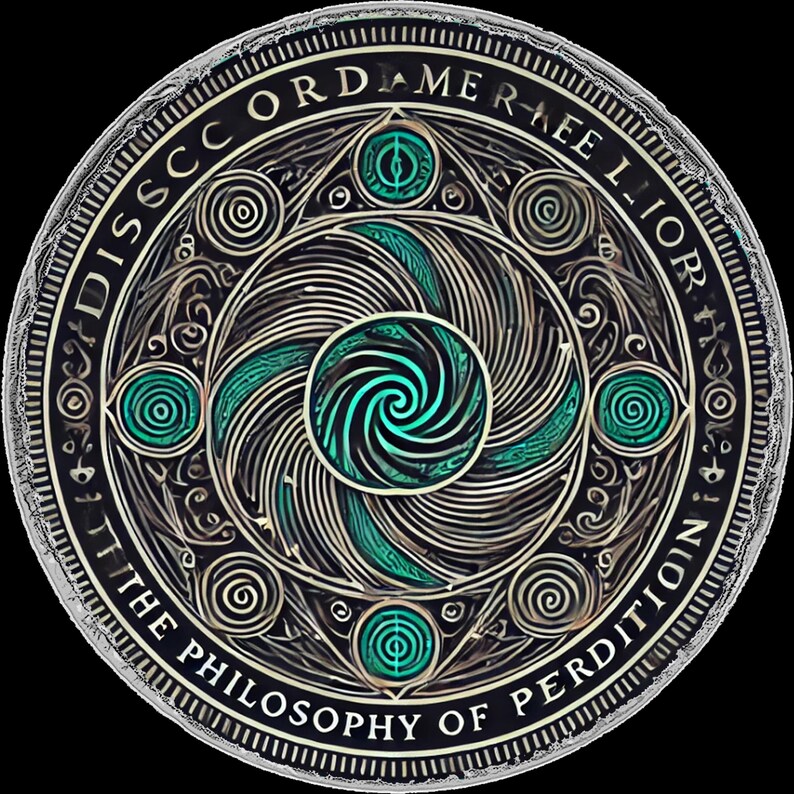 Pu&ograve; includere: Design circolare con motivi intricati e testo. L'elemento centrale presenta un design a spirale turchese, circondato da cerchi concentrici e accenti turchesi. L'anello esterno contiene il testo "DISSC ORDAME R-AEE LIOR" e "THE PHILOSOPHY OF PERDITION".