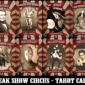 Spectacle de monstres, jeu de cartes de tarot du cirque, clown effrayant, steampunk victorien effrayant, cabinet de curiosités, bizarreries
