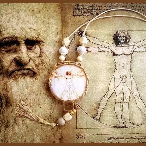 Homme de Vitruve, Léonard de Vinci, Symbologie du Talisman Magique, Pouvoir Magique, Bijoux Pendentif Univers, Amulette Céleste