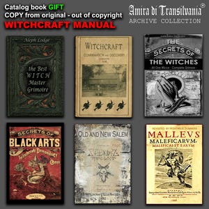 May include: A collection of vintage witchcraft books with aged covers. Titles include "Witchcraft Manual," "The Secrets of the Witches," and "Secrets of Black Arts." The books feature illustrations and gothic fonts, evoking a historical and mystical theme.