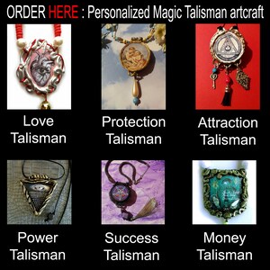 May include: Six different handmade necklaces with charms, each representing a different type of talisman: Love, Protection, Attraction, Power, Success, and Money. Each necklace features a unique design and colour scheme.