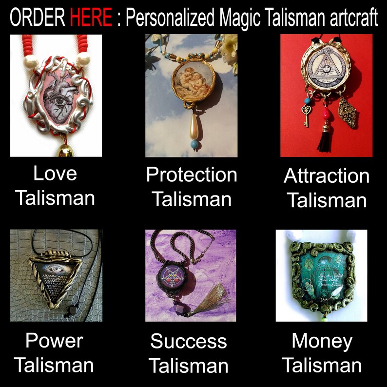 May include: Six different handmade necklaces with charms, each representing a different type of talisman: Love, Protection, Attraction, Power, Success, and Money. Each necklace features a unique design and colour scheme.