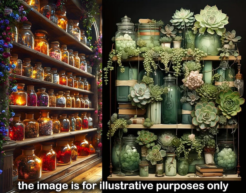Puede incluir: Un estante de madera lleno de frascos de vidrio que contienen varias hierbas, especias y otros ingredientes. El estante est&aacute; decorado con una variedad de suculentas y otras plantas. La imagen es solo para fines ilustrativos.