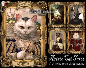 Cat Tarot Deck Major Arcana, 22 Oracle Card Limited Edition, Vintage Drawing Portrait, Aristocat Psychic Fortune Telling