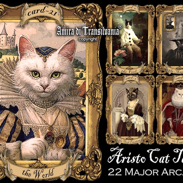 Cat Tarot Cards, Tarot Deck Major Arcana Oracle Card Limited Edition Vintage Drawing Portrait, Fortune Telling