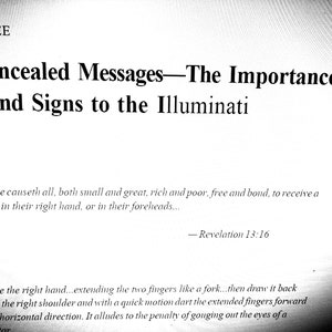 May include: A monochrome image featuring the title "Concealed Messages - The Importance of Hand Signs to the Illuminati." The text includes a quote from Revelation 13:16 and instructions on hand gestures.