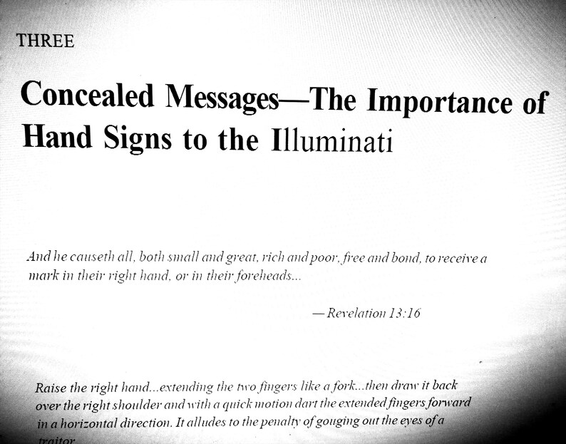 May include: A monochrome image featuring the title "Concealed Messages - The Importance of Hand Signs to the Illuminati." The text includes a quote from Revelation 13:16 and instructions on hand gestures.