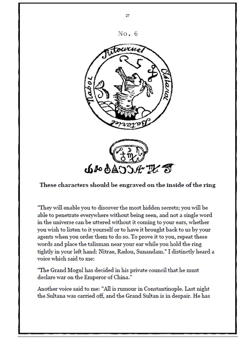 Op de afbeelding: Zwart-wit illustratie van een pagina uit een boek, met een cirkelvormig embleem met tekst en een centraal beeld van een hand die een zwaard vasthoudt. Onder het embleem staan extra symbolen en tekst.