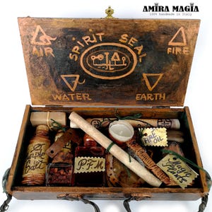 Magic Box Hekserijkit, Heks Heidens altaar, Magische Wicca Heidense apothekerskast, wit zwart groen ritueel zegelspreuk