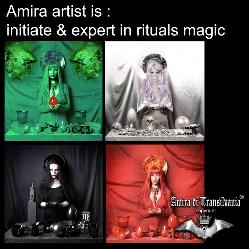 May include: A collage of four images featuring a woman in different settings, each with a distinct color scheme: green, white, black, and red. The images include ritualistic objects and the text "Amira artist is: initiate & expert in rituals magic" and "Amira di Transilvania copyright".