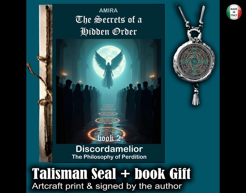 Pu&ograve; includere: Immagine color turchese con un libro e un ciondolo. La copertina del libro mostra un angelo davanti a una luna, con il titolo "The Secrets of a Hidden Order". Il ciondolo &egrave; rotondo con un design dettagliato e un nappa. Testo: "Talisman Seal + book Gift".