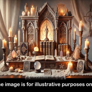 Puede incluir: Un altar de madera con un dise&ntilde;o g&oacute;tico, adornado con velas, cristales y cartas de tarot. El altar est&aacute; decorado con una variedad de s&iacute;mbolos religiosos y espirituales, incluyendo un pentagrama, una cruz y una luna creciente. El altar est&aacute; iluminado por velas, creando un ambiente c&aacute;lido y acogedor.