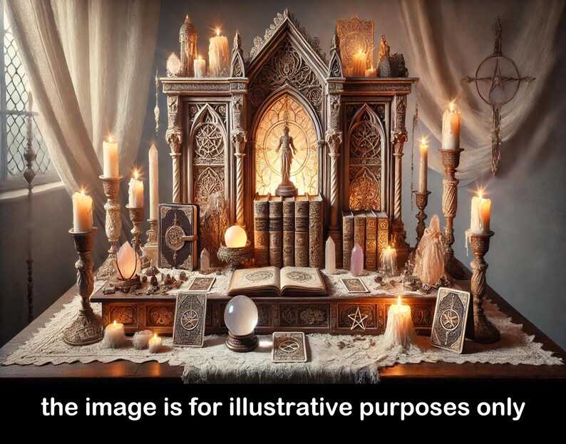Puede incluir: Un altar de madera con un dise&ntilde;o g&oacute;tico, adornado con velas, cristales y cartas de tarot. El altar est&aacute; decorado con una variedad de s&iacute;mbolos religiosos y espirituales, incluyendo un pentagrama, una cruz y una luna creciente. El altar est&aacute; iluminado por velas, creando un ambiente c&aacute;lido y acogedor.