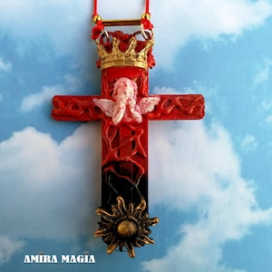 Collana con croce rosacrociana, ciondolo con angelo custode, talismano magico con corona reale, simbolo di stregoneria, ciondolo con raggi di sole per gioielli