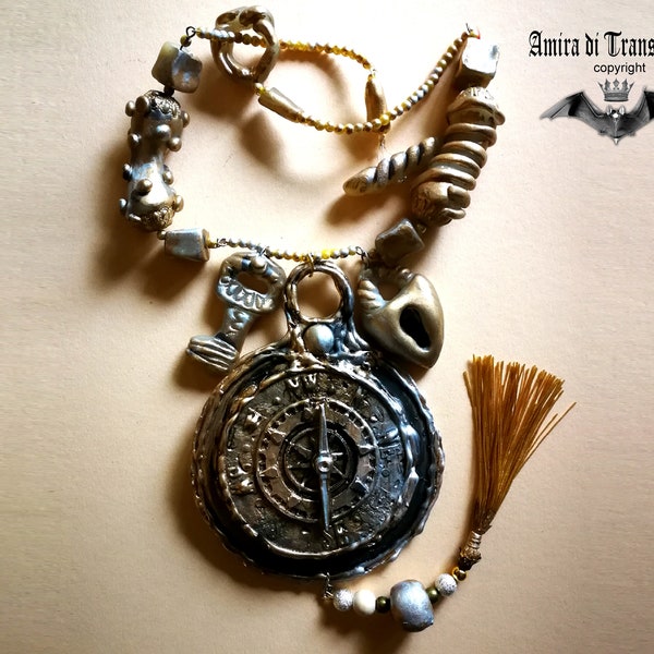 Collier steampunk, boussole talisman magique Steam Punk, clé de médaillon bijou gothique, montre de poche en bronze, sceau astrologique