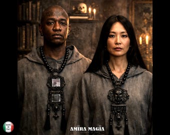 Black Mirror Talisman, Gothic Amulet Pendant Dark Witch, Esoteric Spiritual Beaded Magic Metaphysical Jewelry